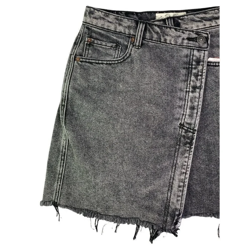 Free People Womens Parker Cotton Black Denim Mini Frayed Hem‎ Wrap Skirt SZ 25